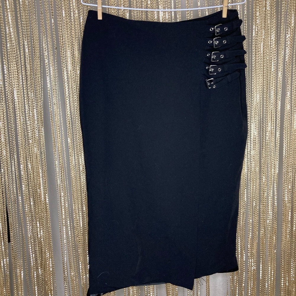 Worthington black faux wrap midi pencil skirt with buckle hip detail